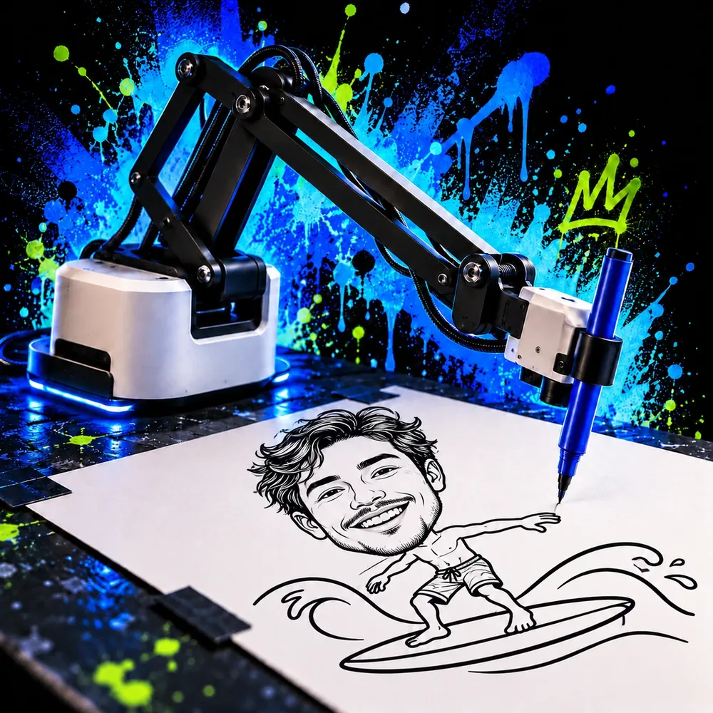 Neon illustration of a pen drawing robot and caricature